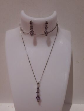 NWOT SOLID STERLING AMETHYST CZ TRINITY EARRINGS 18" BOX CHAIN NECKLACE SET 4PC